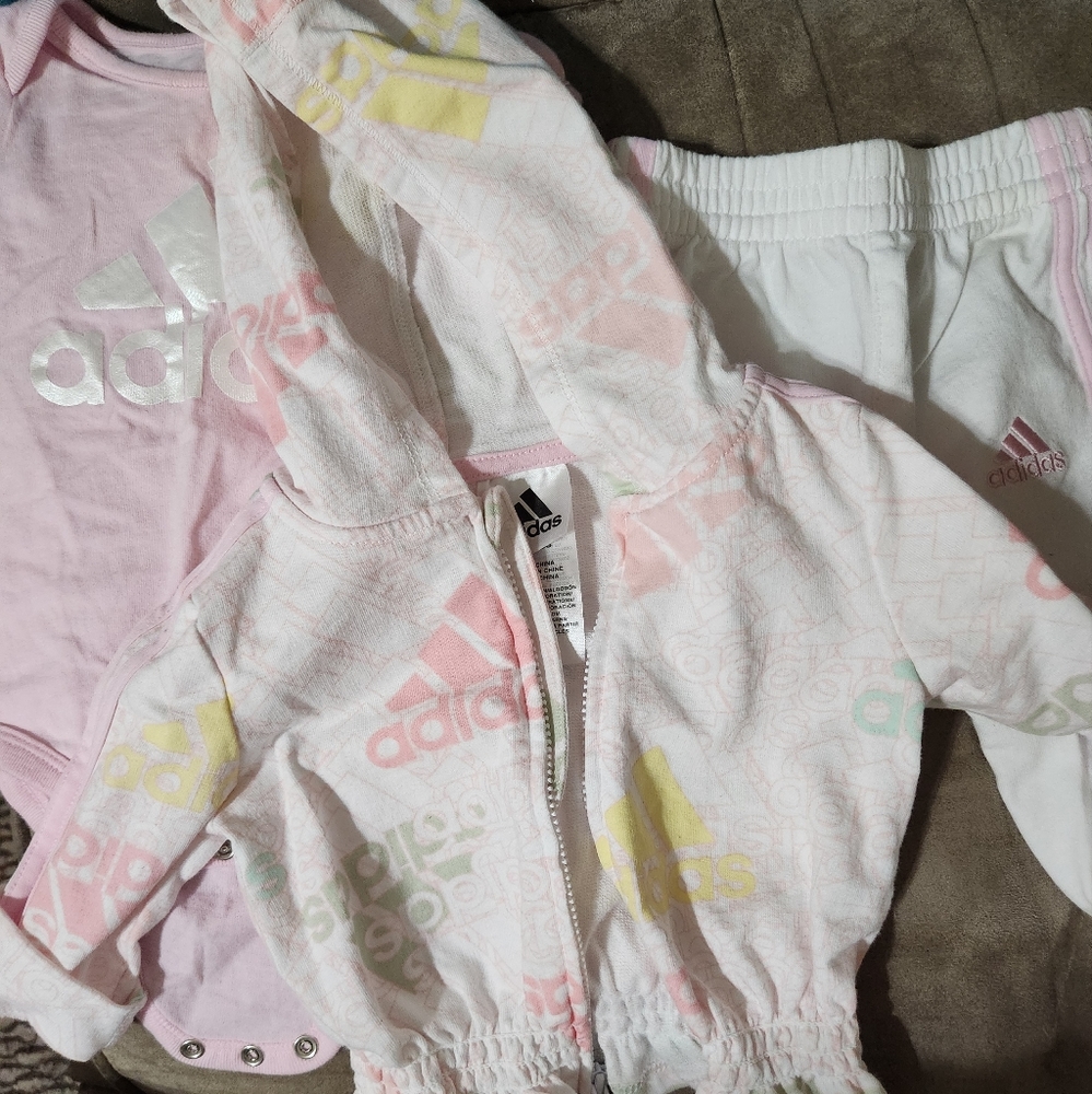 Adidas 3 piece track suite set, pink, white, size 3 months